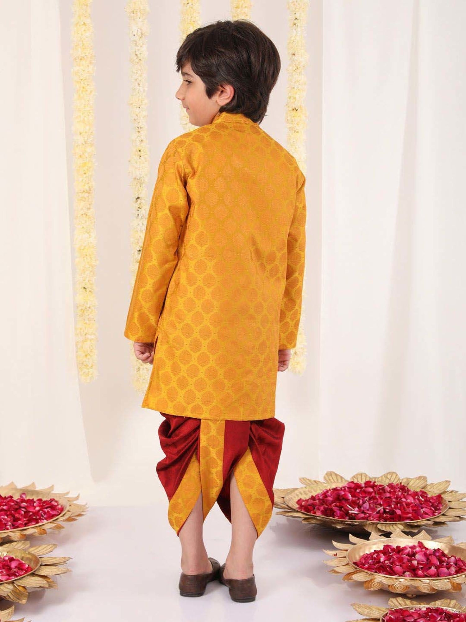 VASTRAMAY Boys Yellow & Maroon Others Full Sleeves Kurta Sets