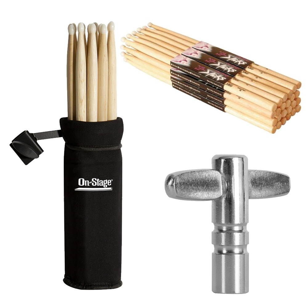 On Stage Hickory 2B Nylon Tip Drumsticks 12 Pairs + On Stage Clamp-On Drum Stick Holder + On Stage Chrome Plated Drum Tuning Key