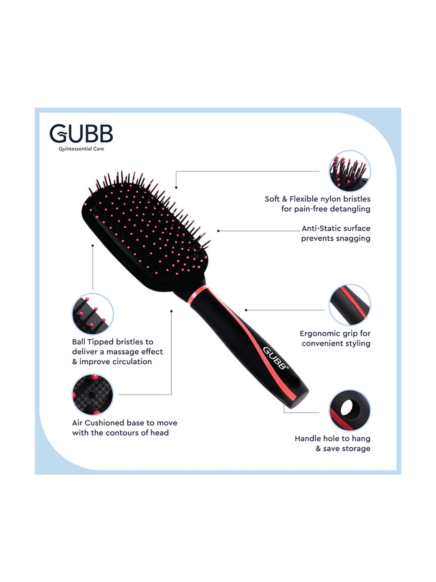 GUBB Paddle Brush for Hair Styling, Cushioned Medium Hair Brush - Vogue Range