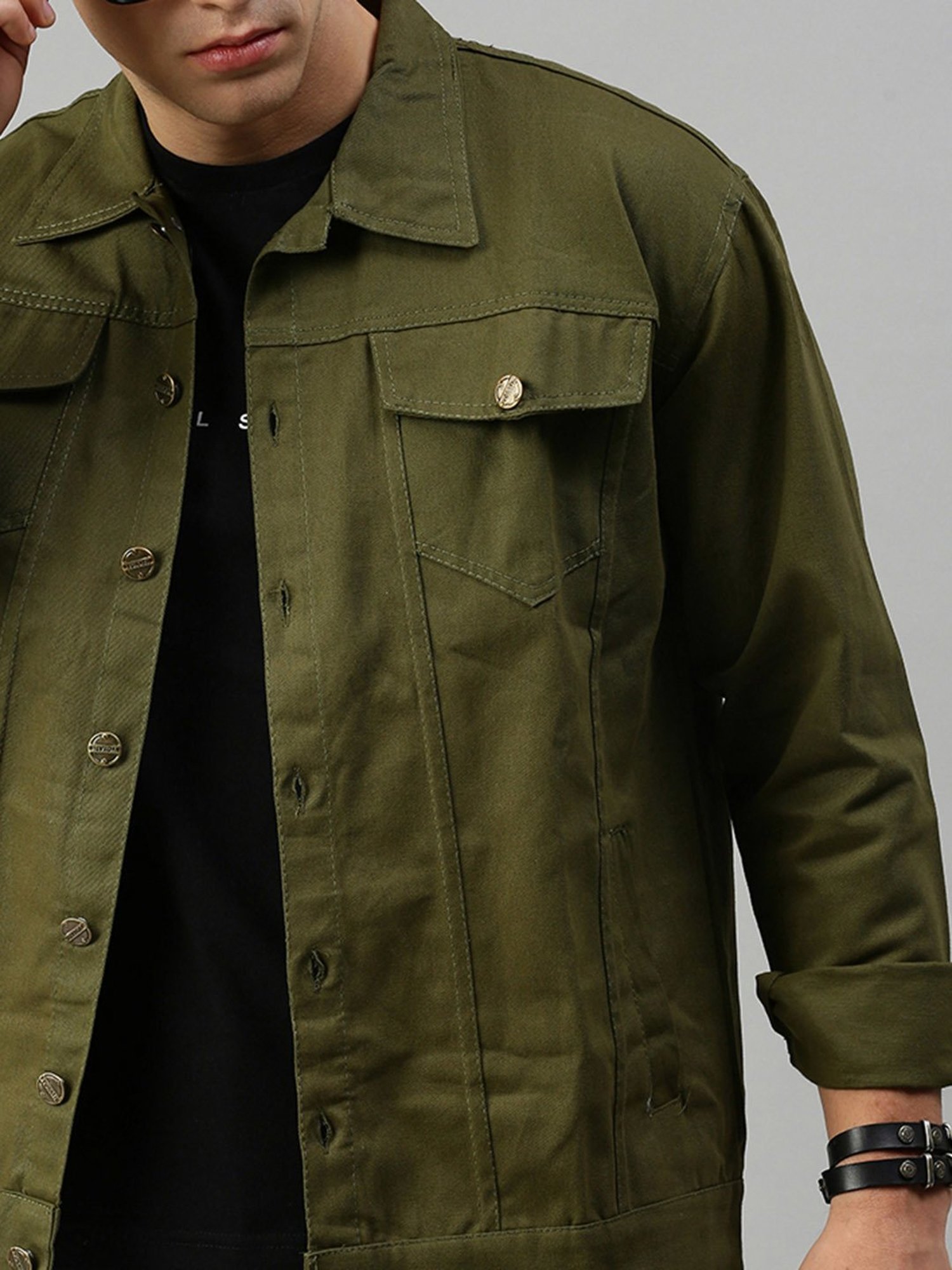 VOXATI Green Regular Fit Shirt Collar Denim Jacket
