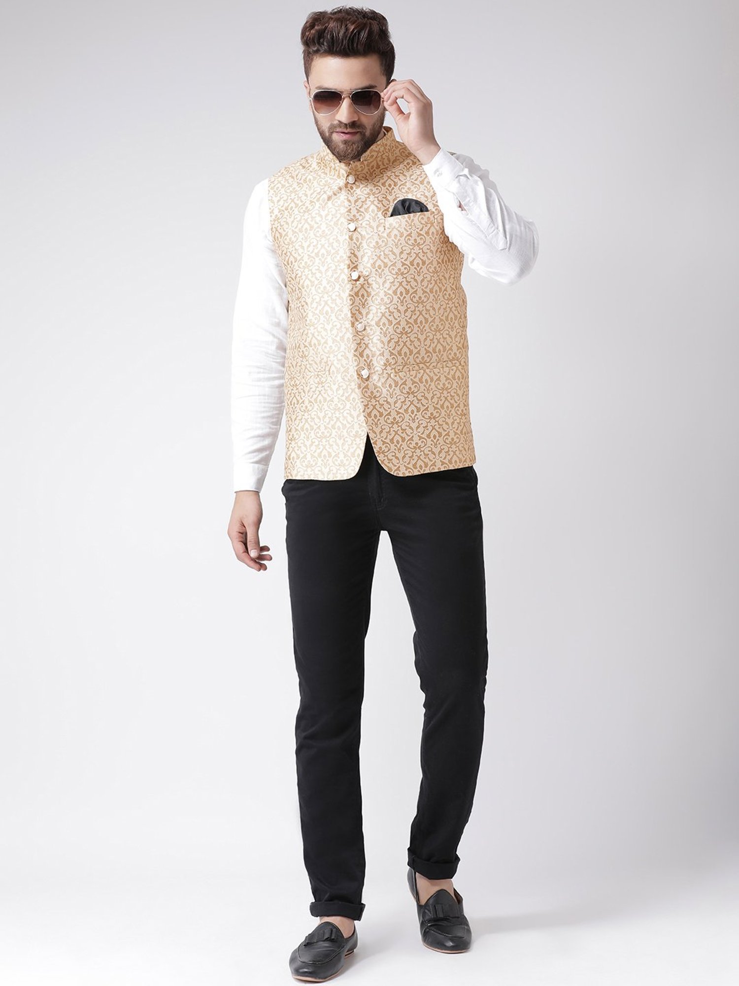 Hangup Plus Beige & Gold Regular Fit Jacquard Nehru Jacket