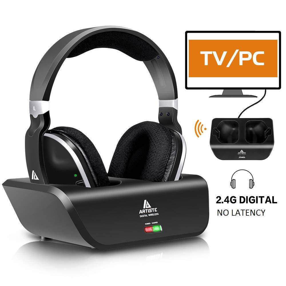 Wireless TV Headphones Over Ear, Monodeal Digital Stereo Headsets with Charging Dock, 2.4GHz RF Transmitter, NO Latency 20H Playtime, for TV PC Mobile MP3 - Black