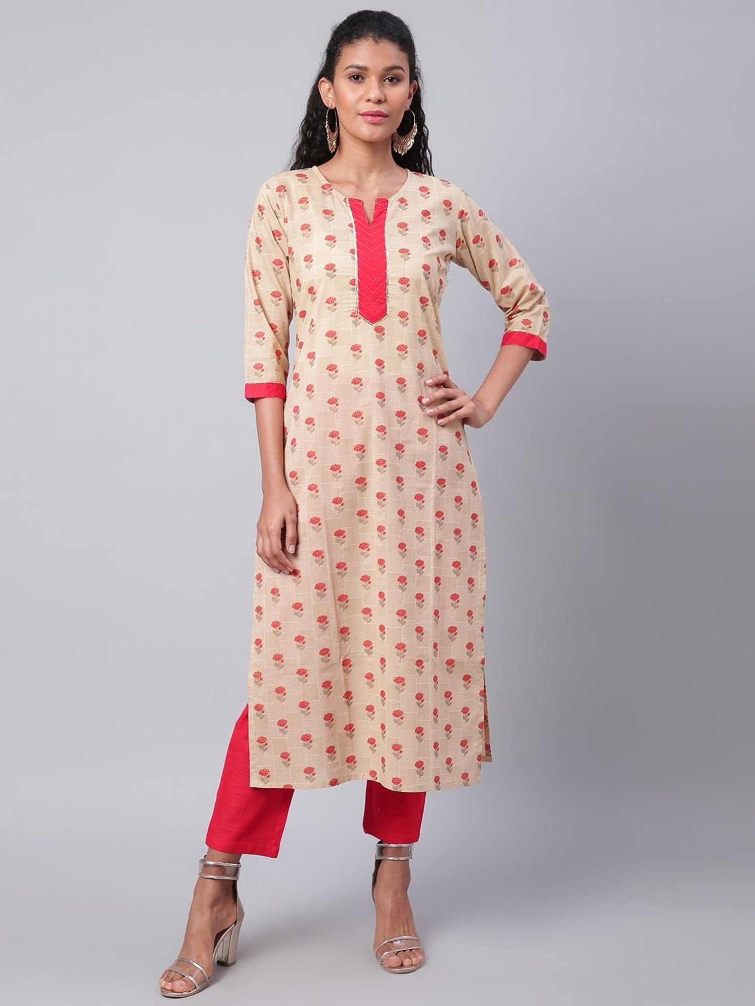 Sringam Beige & Pink Cotton Printed Kurta Pant Set
