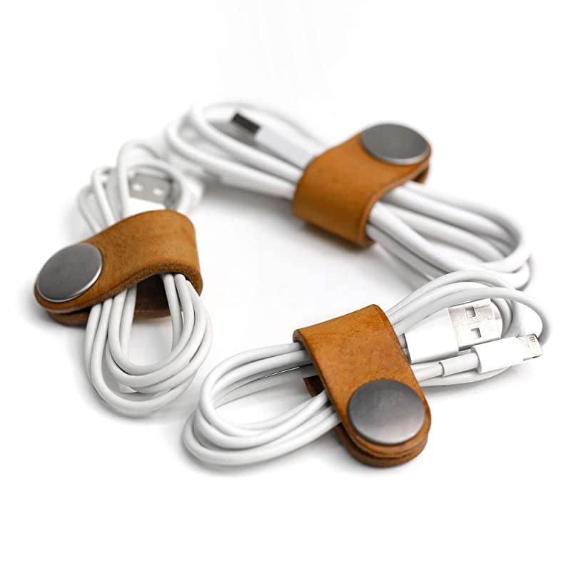 Genuine Leather Headphone Earphone Organizer Cord Organizer Wrap Winder Cord Manager Cable WinderSet of 2 Yellow