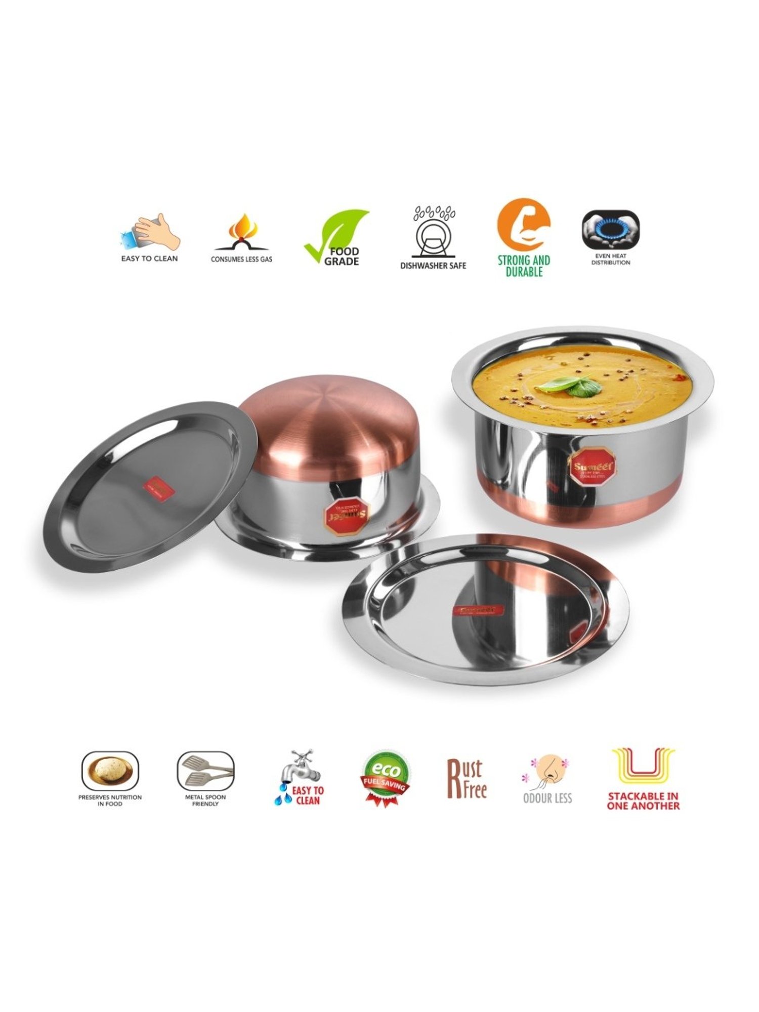 Sumeet S.S.Copper Bottom Cookware/Container/Tope Set Of 2Pc With Lids(No. 11-1.4 Ltr, No. 12-1.9Ltr)