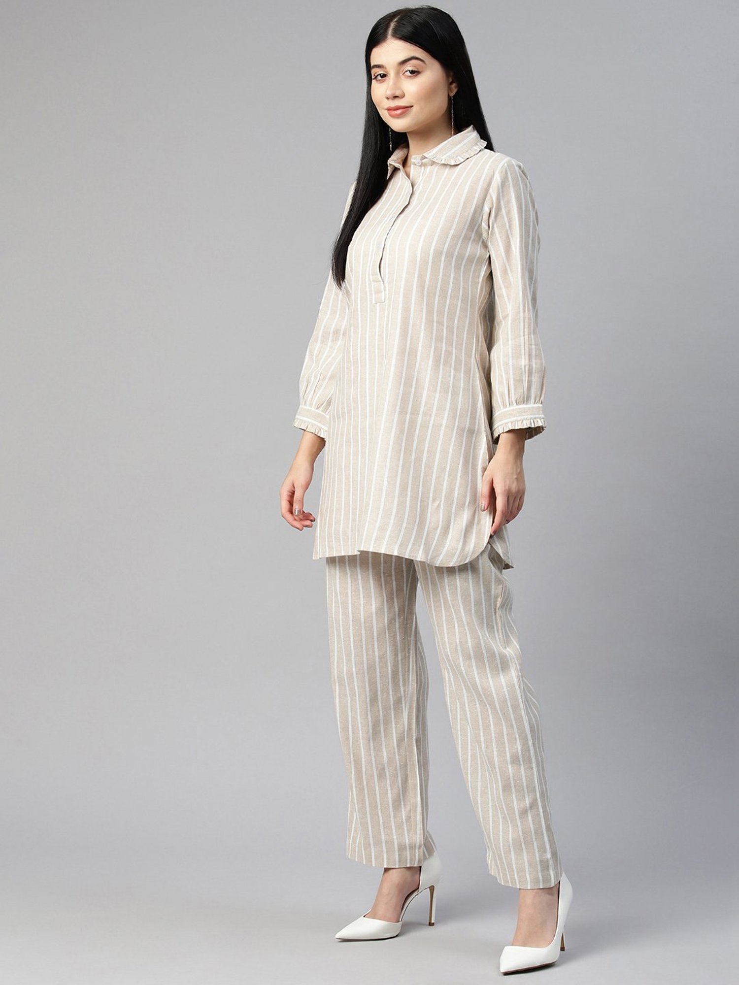 Cottinfab Beige Cotton Striped Co-Ord Set