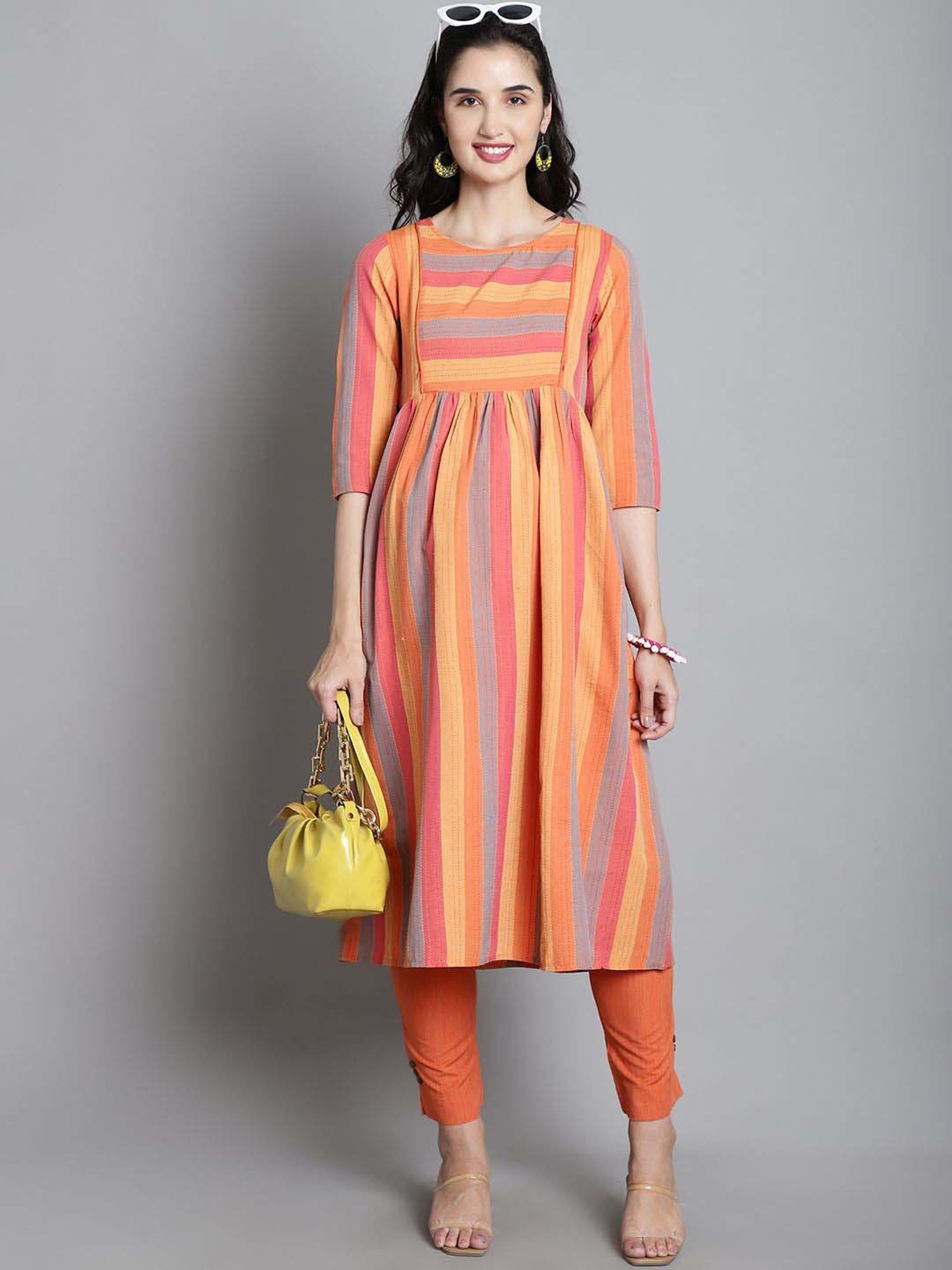 Moms Maternity Orange Cotton Striped Maternity Kurta Pants Set