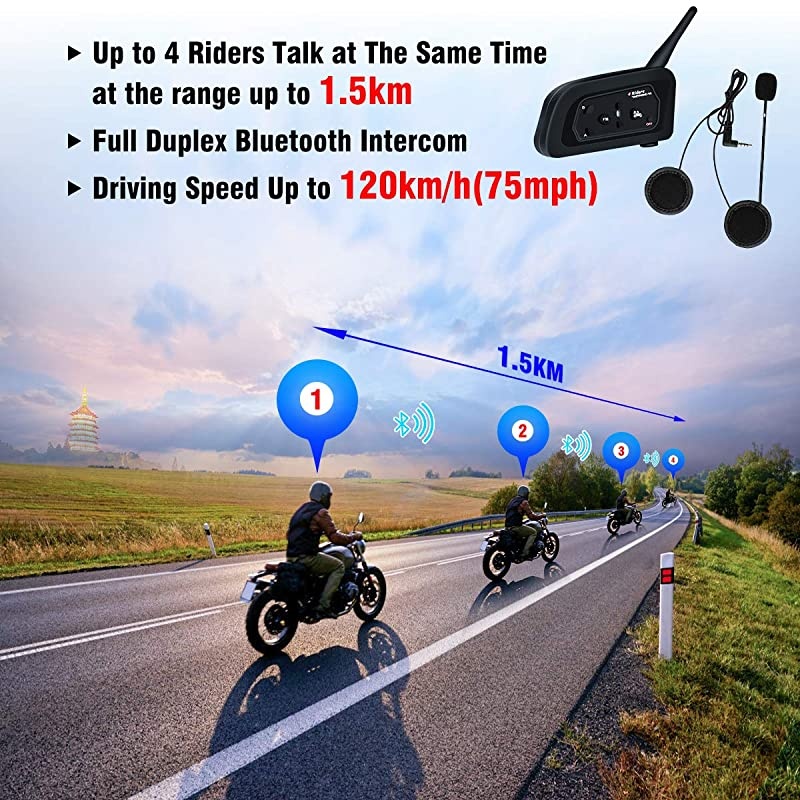 Pack] EJEAS V4 Bluetooth Motorcycle Helmet Headset, Bluetooth Intercom Interphone System for 4 Riders Talking at The Same Time Waterproof IP65 Talking Range 1500m GPS Hands-Free Stereo Music