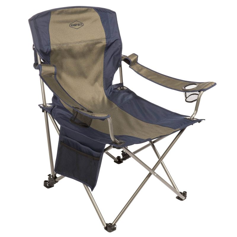 Kamp-Rite Outdoor Folding Tailgating Camping Lounge Chair with 2 Cupholders and Detachable Footrest, Tan/Blue (2 Pack)