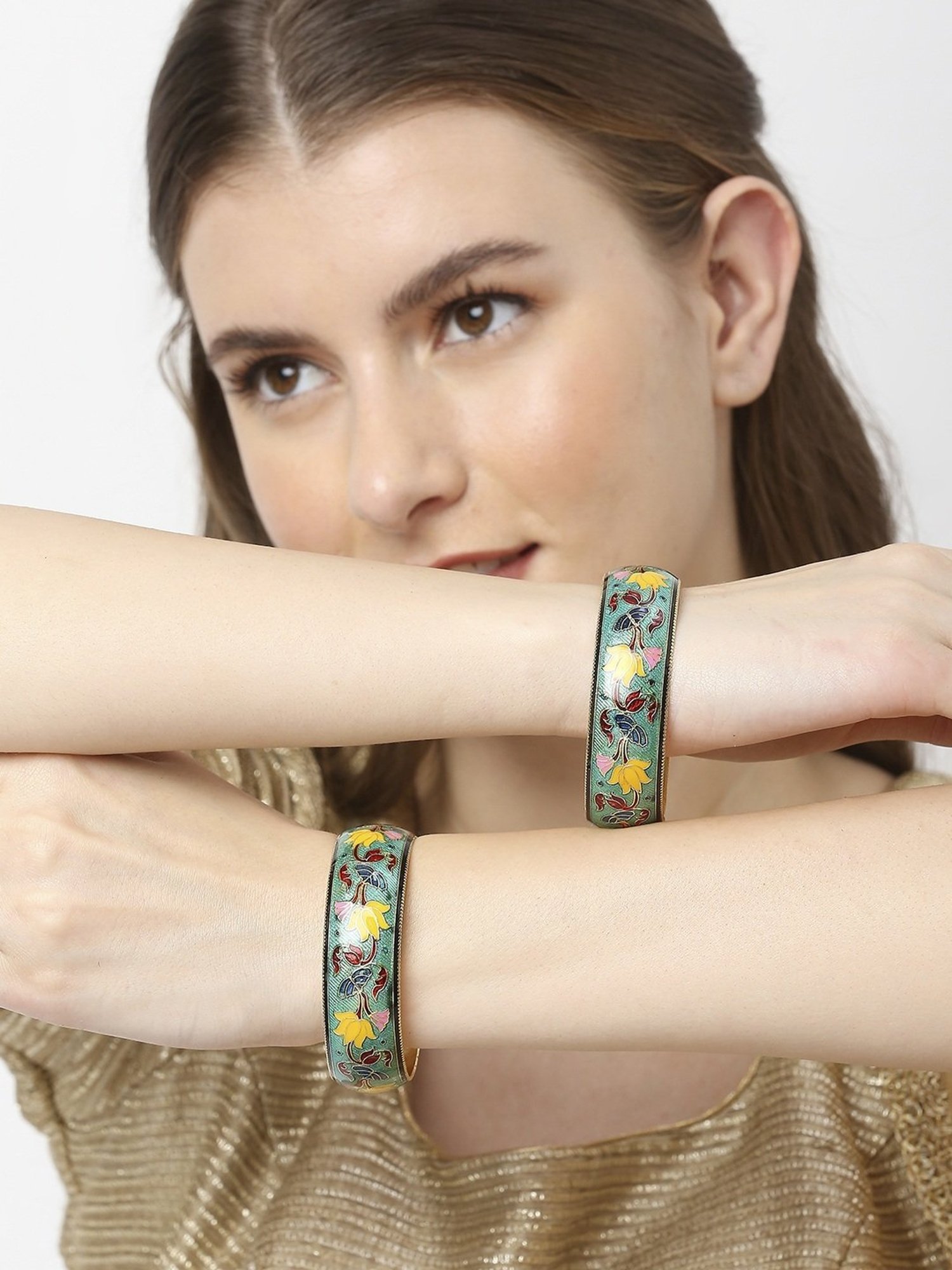 Oomph Jewellery Mint Green & Yellow Meenakari Lotus Design Brass Bangles - Set of 2