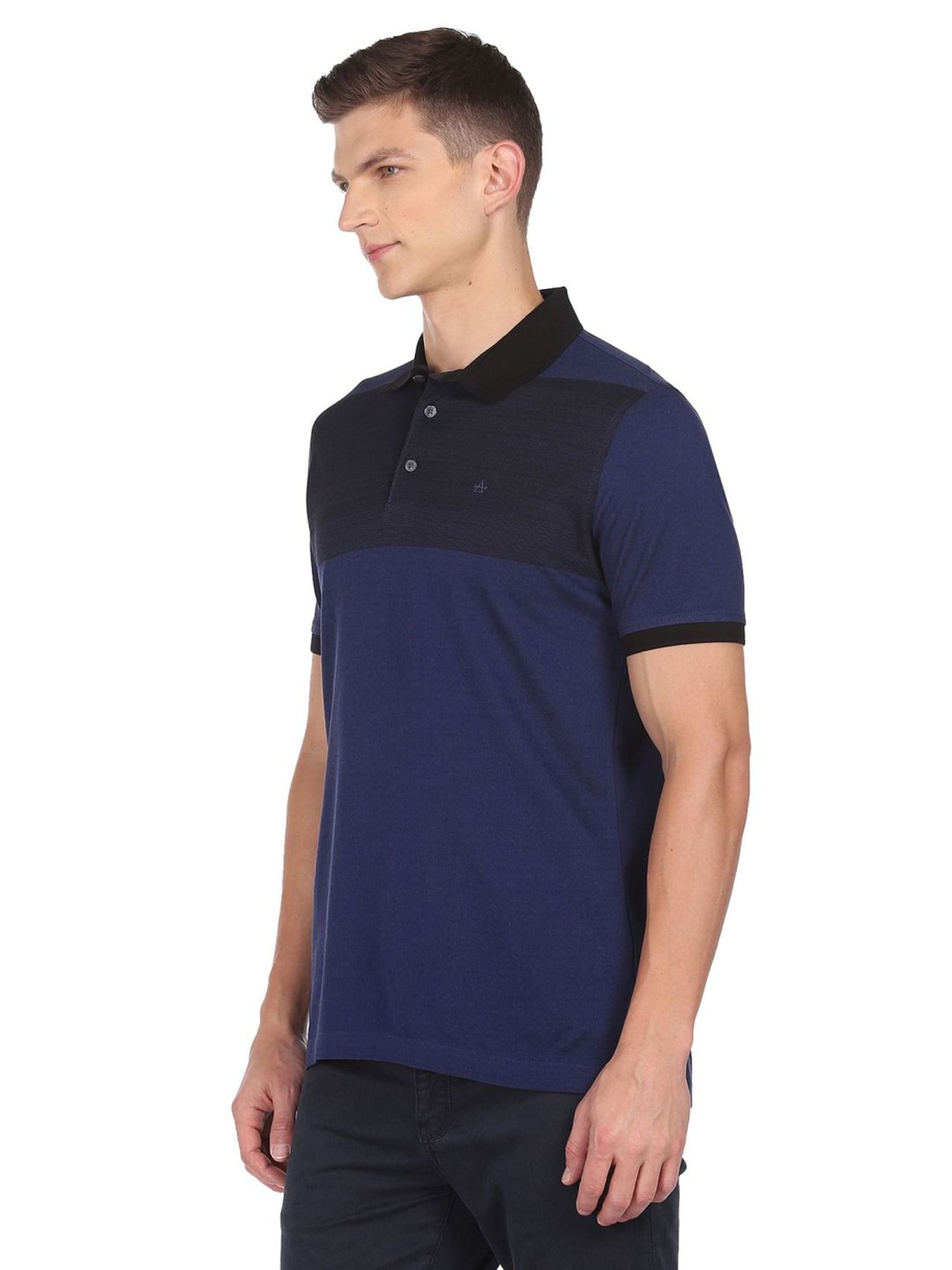 Arrow Navy Cotton Regular Fit Colour Block Polo T-Shirt
