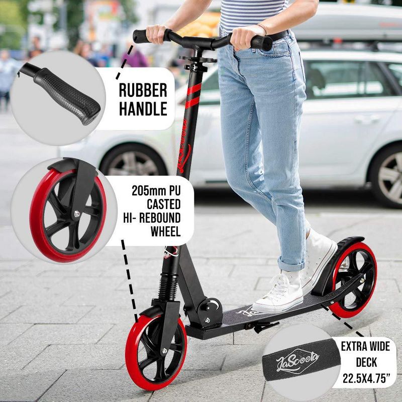 LaScoota Premium Teen Adult Adjustable Portable Folding Kick Scooter with Lightweight Wide Non Slip Deck and Carry Strap, Red