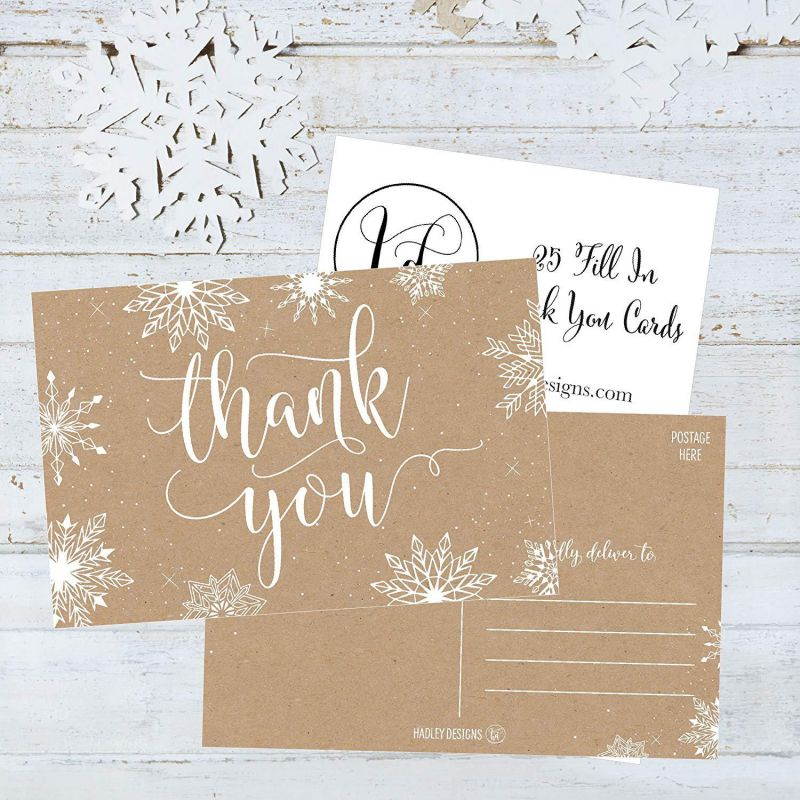 25 4x6 Blank Christmas Holiday Thank You Postcards Bulk, Cute Kraft Winter Snowflake Note Card Stationery For Wedding, Bridesmaids, Bridal or Baby Shower, Teachers, Religious, Business Cards