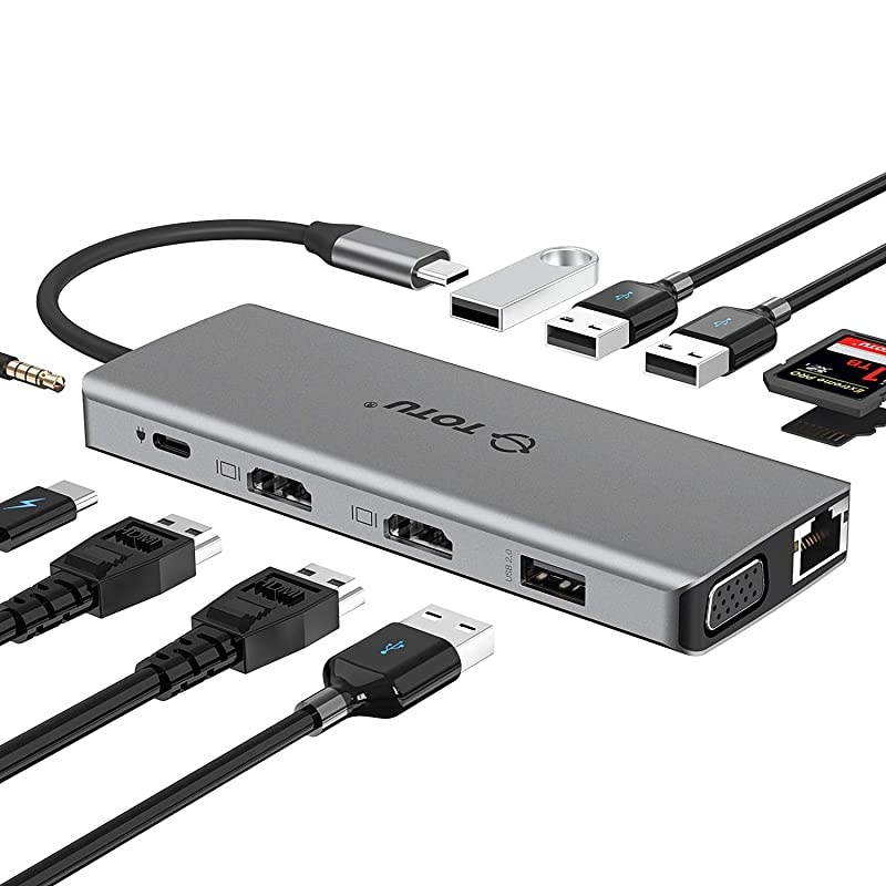 USB C Hub,  13-in-1 Type C Hub with Ethernet, 4K USB C to 2 HDMI, VGA, 2 USB 3.0, 2 USB 2.0, 100W PD, SD/TF Cards Reader, Mic/Audio Docking Station for MacBook Pro Air XPS and Other USB-C Laptops