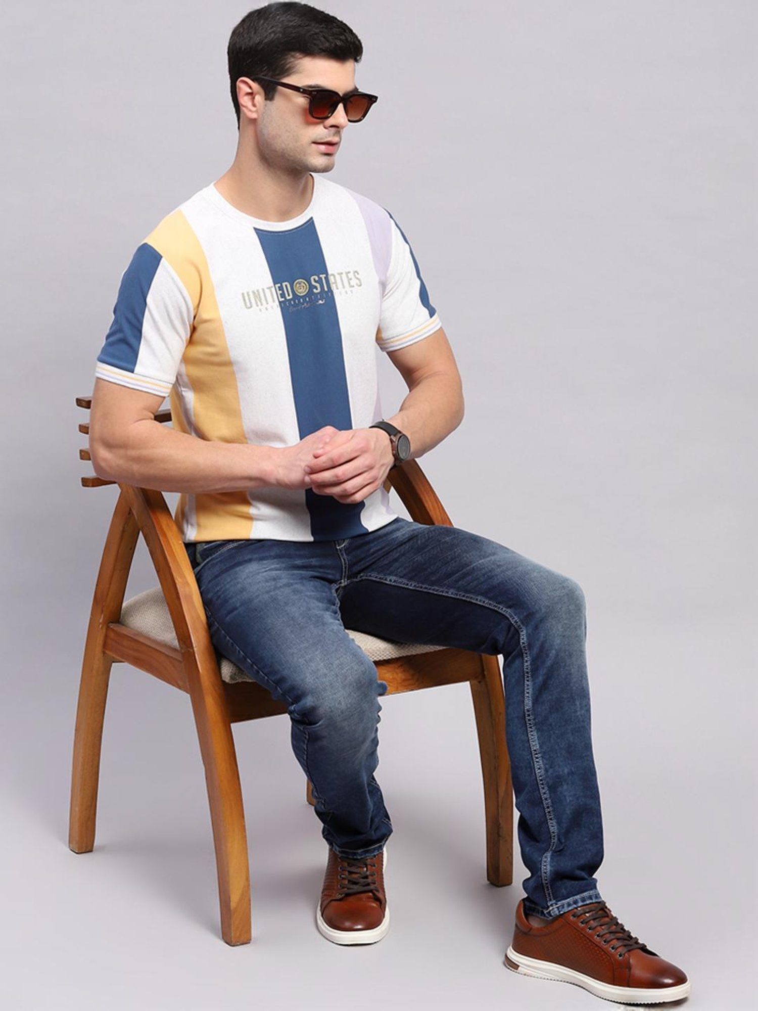 Monte Carlo Ecru & Blue Regular Fit Striped T-Shirt