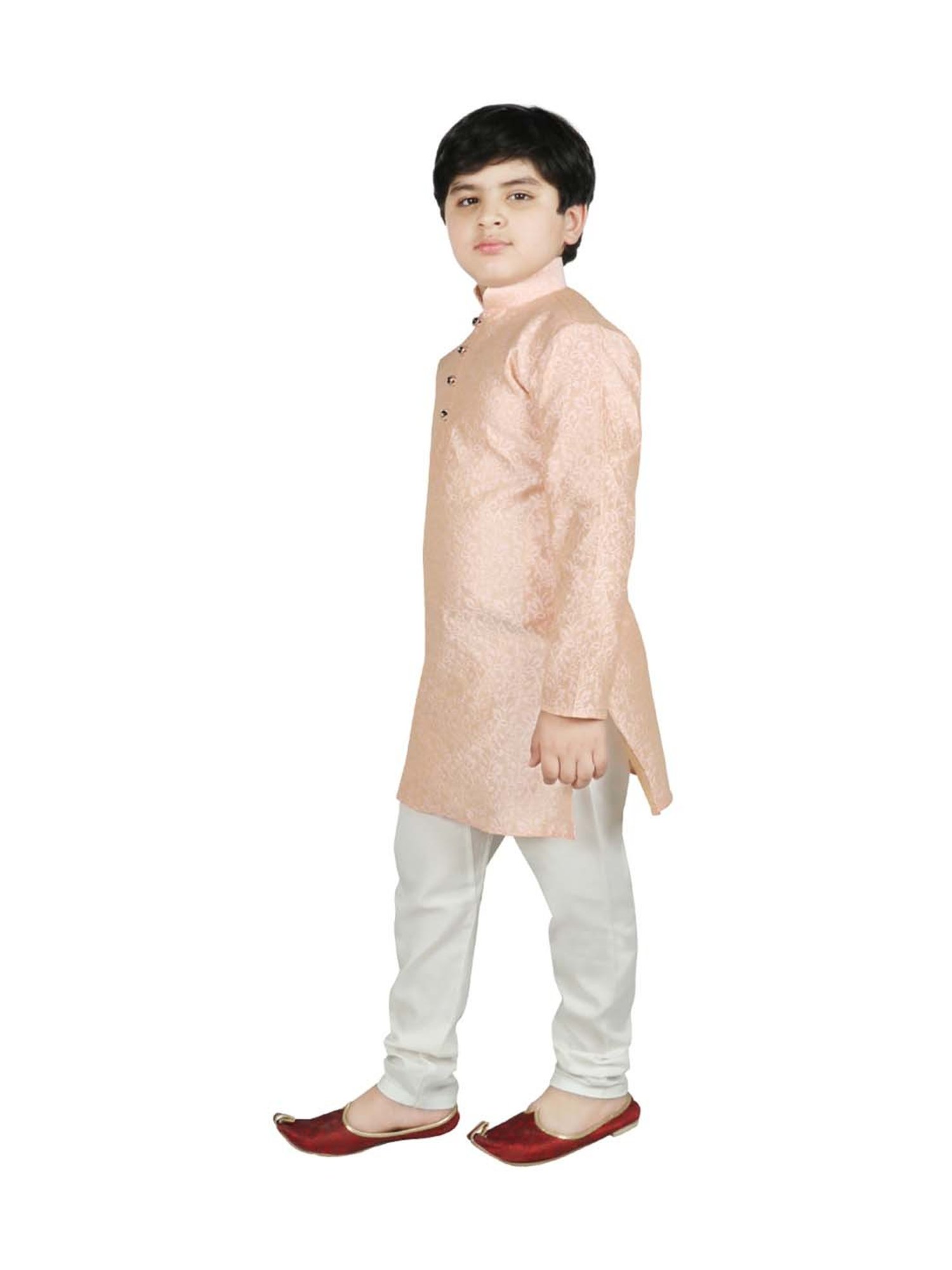SG Yuvraj Kids Peach & White Self Full Sleeves Kurta Set
