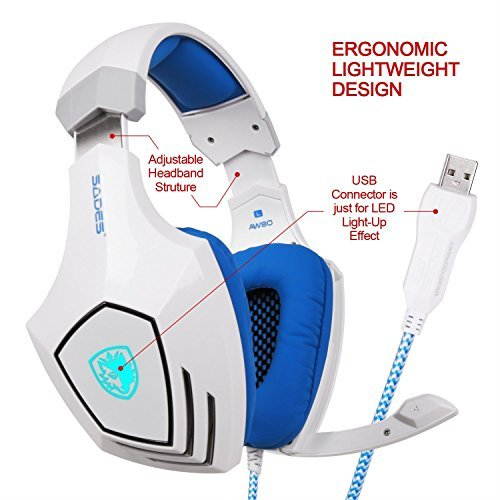 GW SADES AW80 Wired USB Stereo Over Ear Gaming Headset headphones with Mic, Bass Vibration, Volume Control for PC/Laptop (White/Blue)