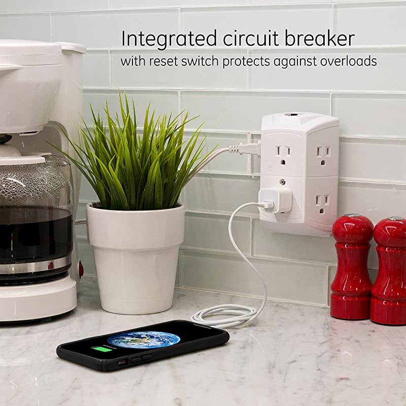 6Outlet Wall Tap Reset Button Circuit Breaker Power Outlet Extender Adapter Spaced Outlets 3 Prong Plug Grounded UL Listed White 56575