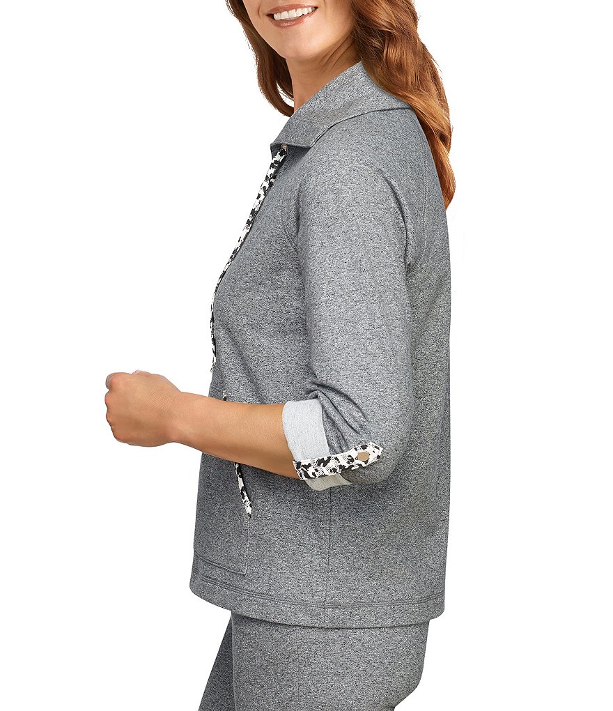 Ruby Rd. French Terry Textural Leopard Print Trim Lace Up 3/4 Roll-Tab Sleeve Point Collar Neck Pullover