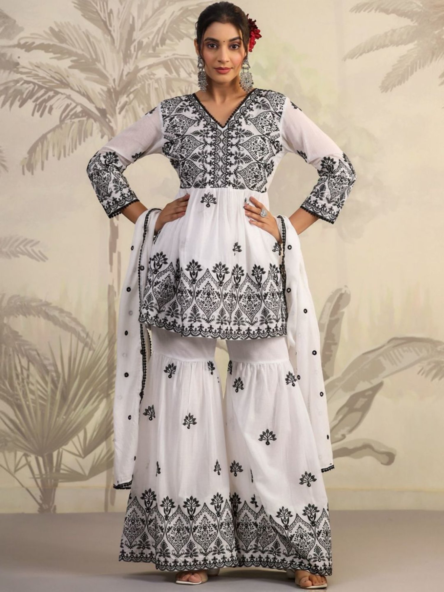 SCAKHI White Mulmul Sequin And Mirror Embroidered Peplum Kurta With Sharara And Dupatta