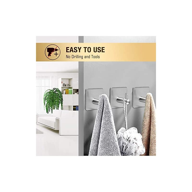 Adhesive Hooks,  [4 Pack] Heavy Duty Durable 304 Stainless Steel Wall Hangers, Waterproof Rustproof Oil Proof for Kitchen, Bathrooms, Doors, Office, Closet-Silver