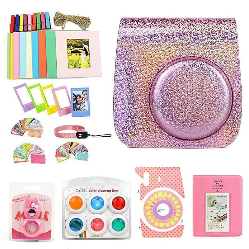 for Fujifilm Instax Mini 9 8 Instant Camera Accessories Kit Bundle + Custom Case with Strap + Assorted Frames + Photo Album + 60 Colorful Sticker Frames + More(Glitter Pink