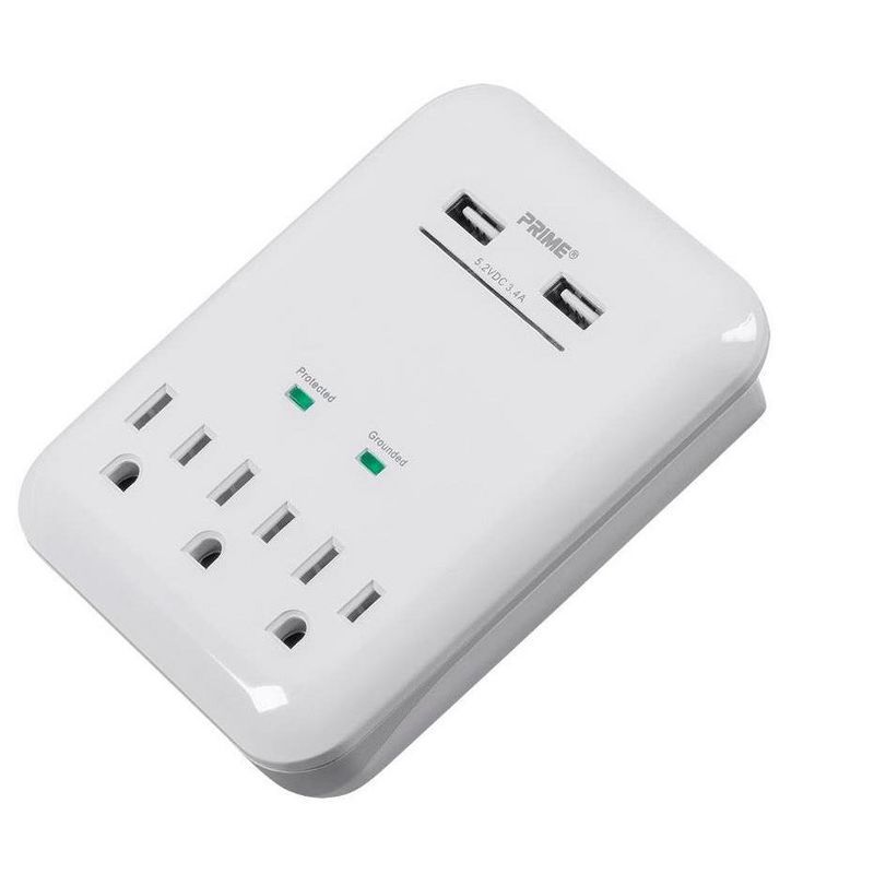 Monoprice 3 Outlet Surge Protector Wall Tap with 2 USB Charging Ports 3.4A, White