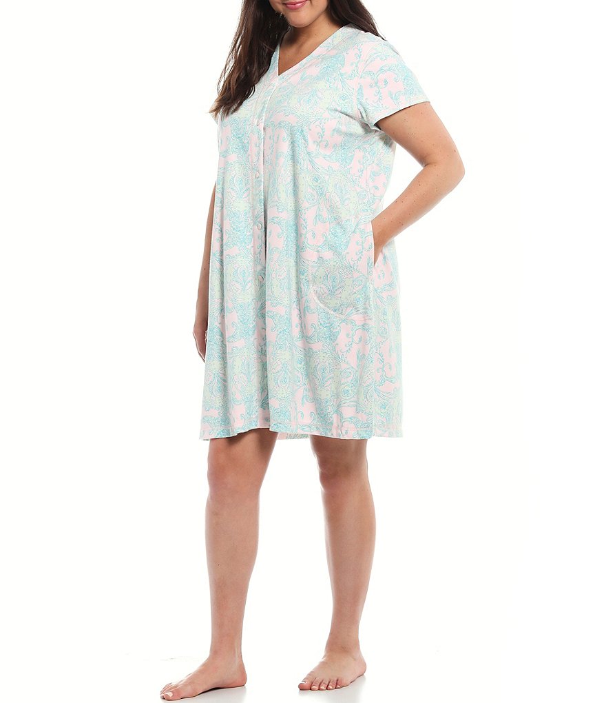 Miss Elaine Plus Paisley Print Interlock Knit Grip-Front Short Robe