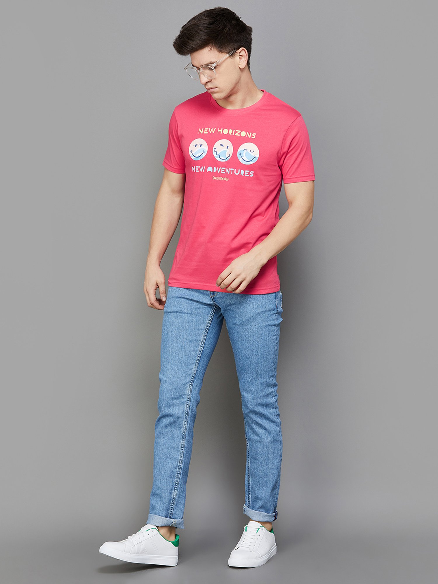 SmileyWorld Pink Regular Fit Printed Crew T-Shirt