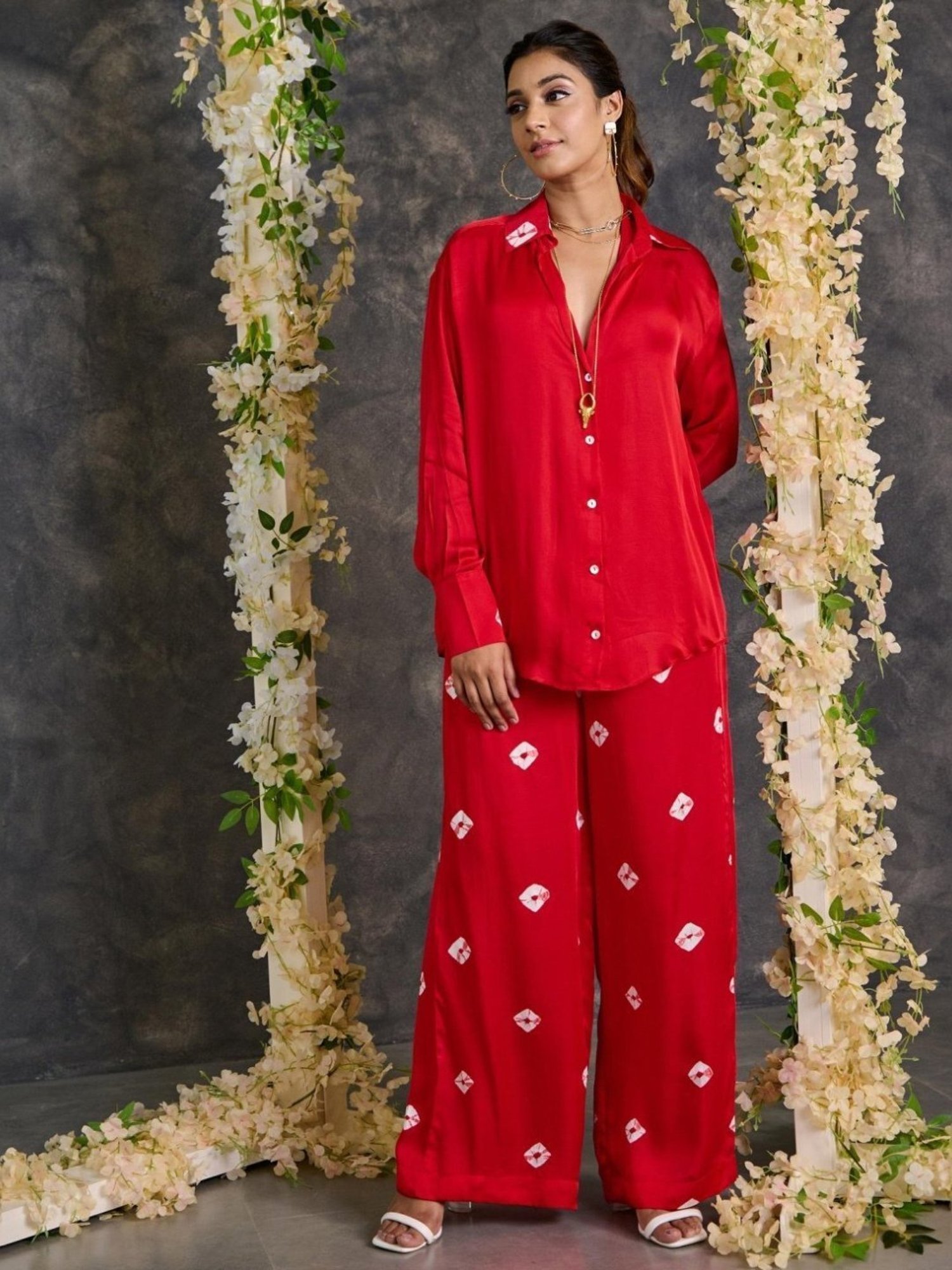 Gulaal Red Bandhani Modal Satin Shirt with Pant