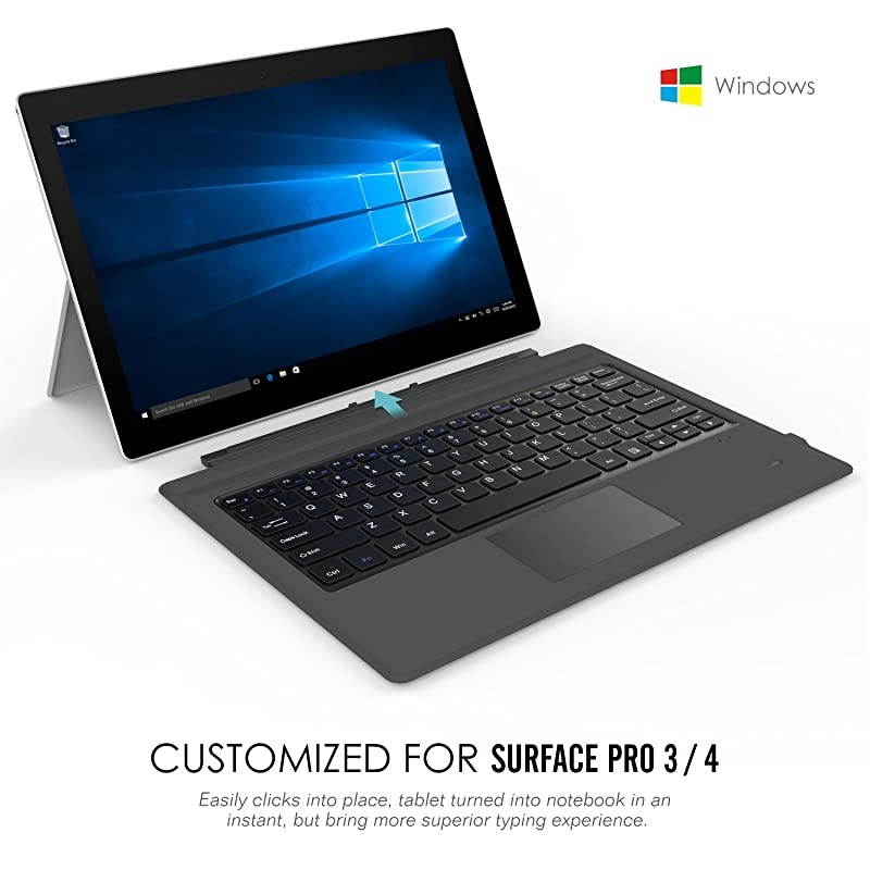 Type Cover Fits Microsoft Surface Pro 7 Plus/Pro 7 / Pro 6 / Pro 5 / Pro 4 /Pro 3, Lightweight Slim Wireless Bluetooth Keyboard with Two Button Trackpad and Built-in Rechargeable Battery, Gray