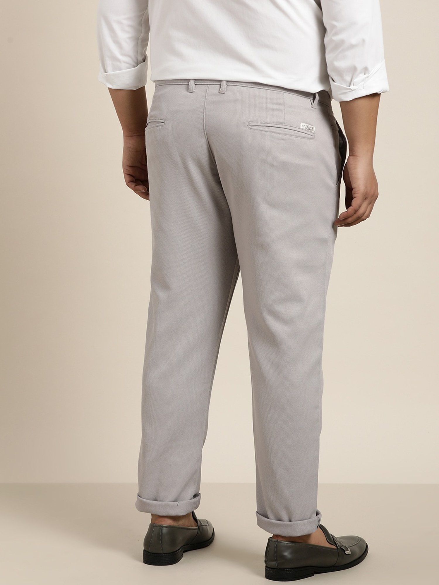 Sojanya Grey Cotton Regular Slim Fit Self Pattern Flat Front Trousers