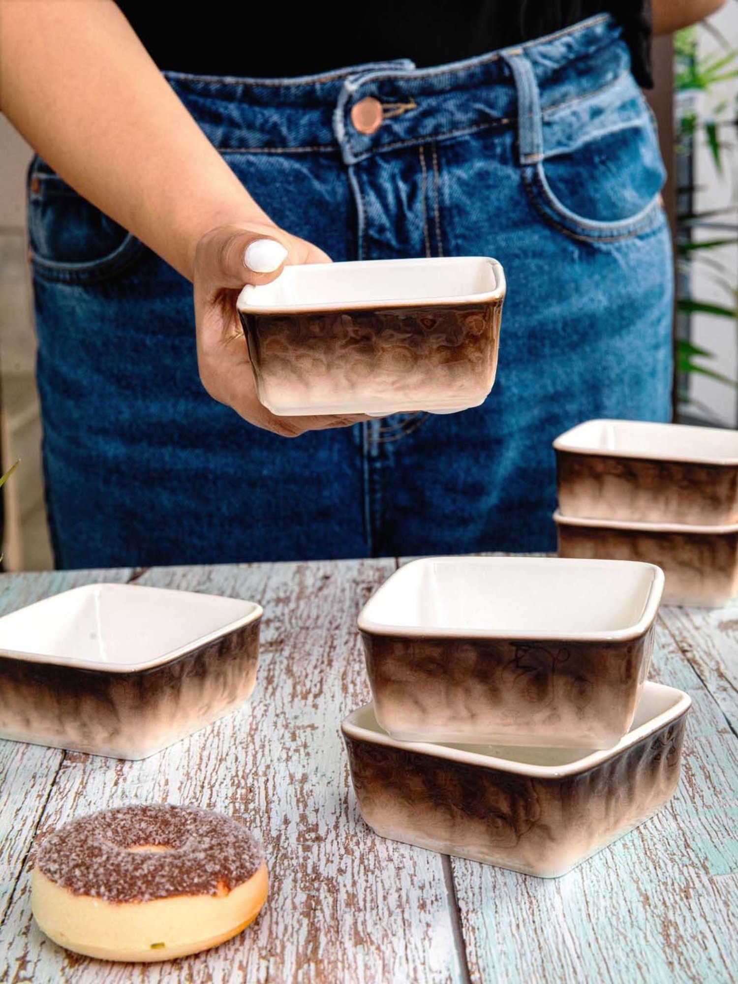 White Gold White & Brown Porcelain Bowls - Set of 6