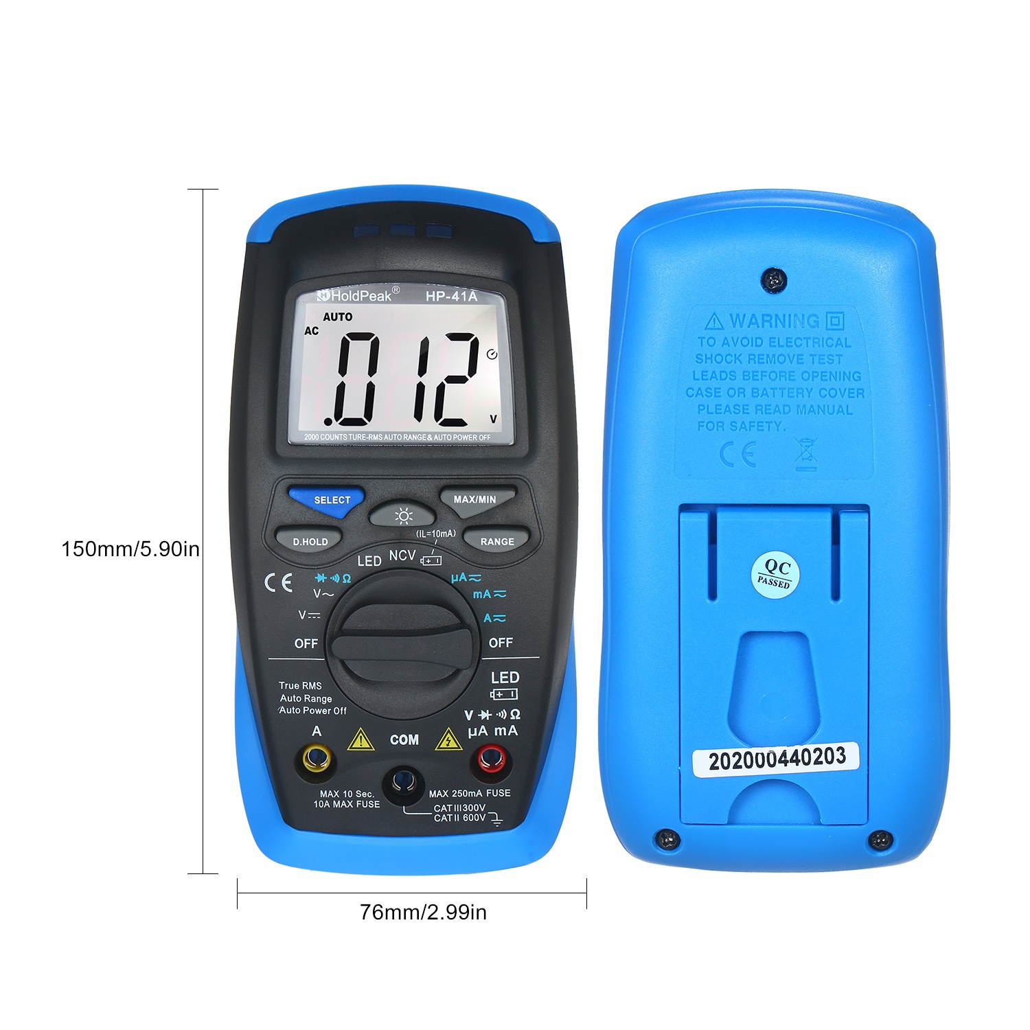 Holdpeak Digital Multimeter TRMS 2000 Counts LCD Auto Ranging AC/DC Amp Volt Ohm Diode Continuity Voltmeter with NCV Live Line Battery Level Tester  with LED Indicator Auto Power Off