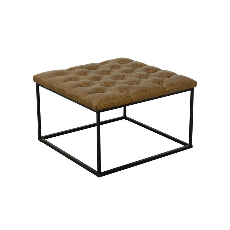 Square Metal Ottoman with Button Tufting Faux Leather Light Brown - HomePop