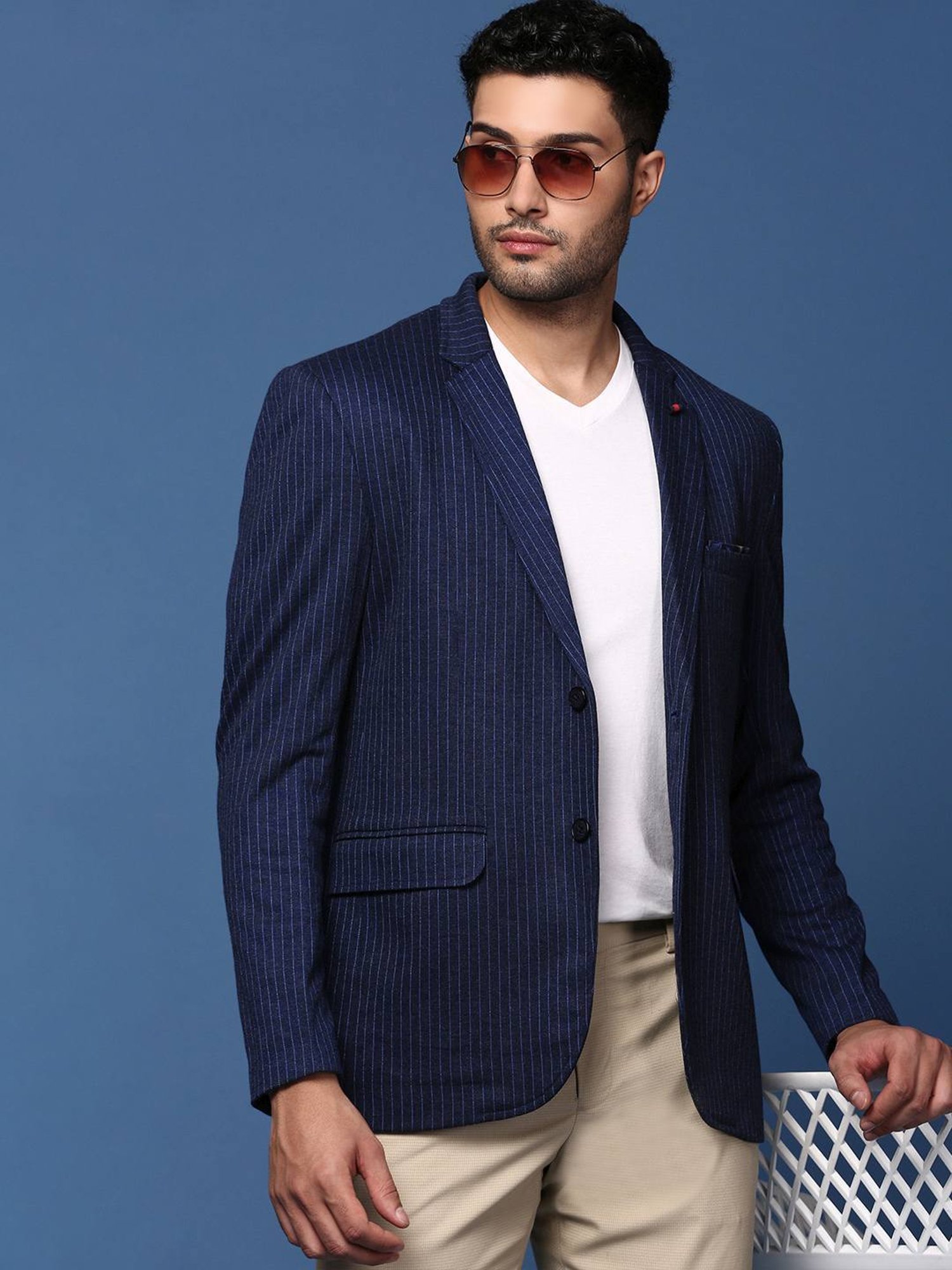 Showoff Navy Cotton Slim Fit Striped Blazer