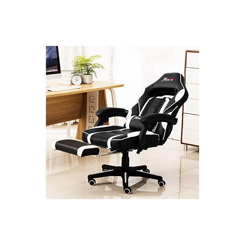 Ergonomic Gaming Chair with Footrest, Professional Gamer Design Home Office Computer Executive Swivel Racing Chair, PU Leather Padding Desk Chair (Black&White)