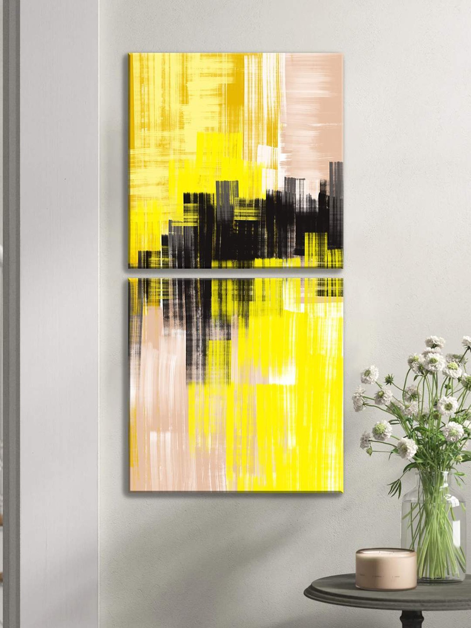 Art Street Printed Yellow Cotton Canvas Wall Art - Set Of 2