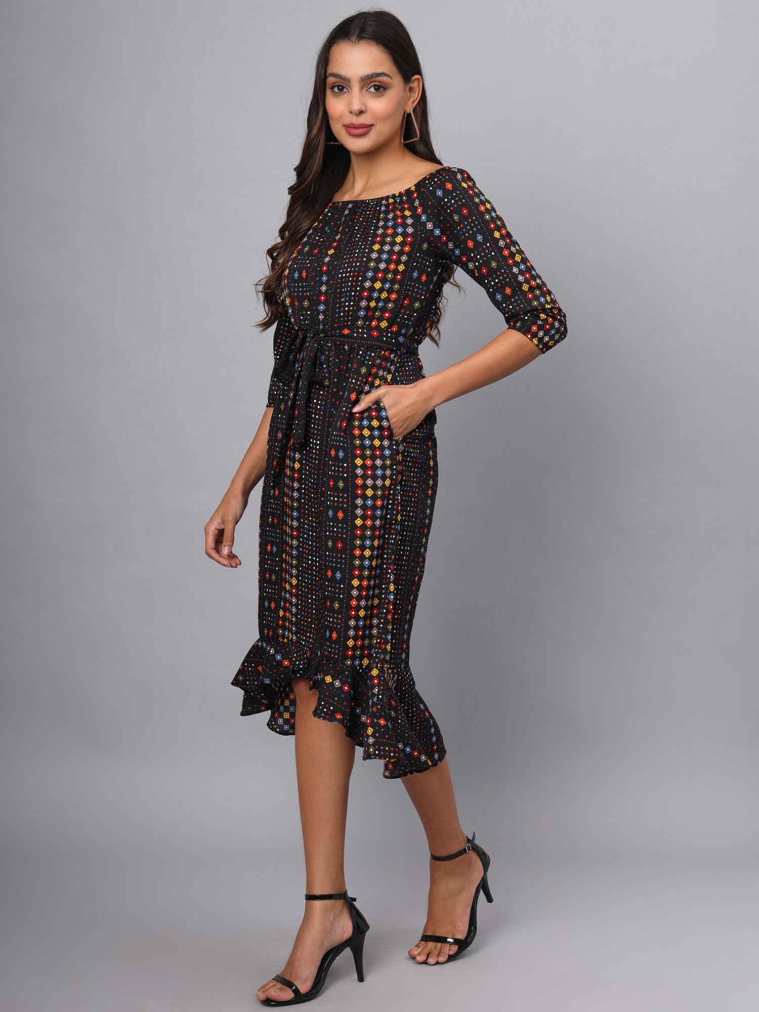 BRINNS Jet Black Printed Midi Dress