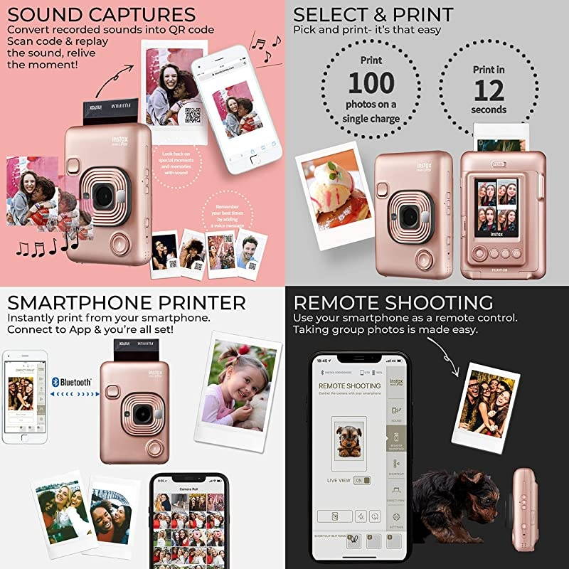Instax Mini LiPlay Hybrid Instant Camera (Stone White) + Instant Film (20 Shots) + Rainbow Film (10 Shots) + 32GB microSDHC + Case + Scrapbooking Album + 20 Sticker Frames Travel Package