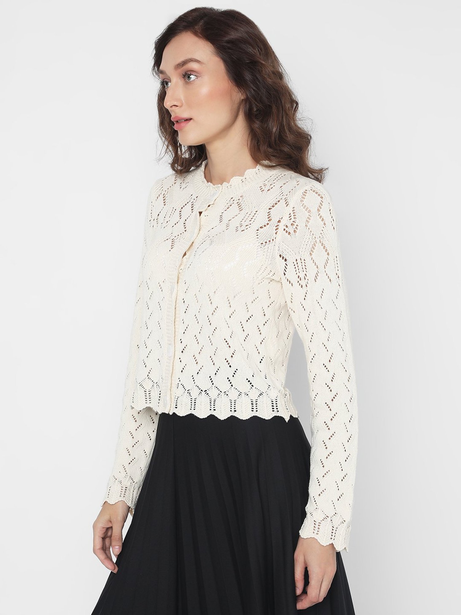 Vero Moda Beige Cotton Self Design Cardigan