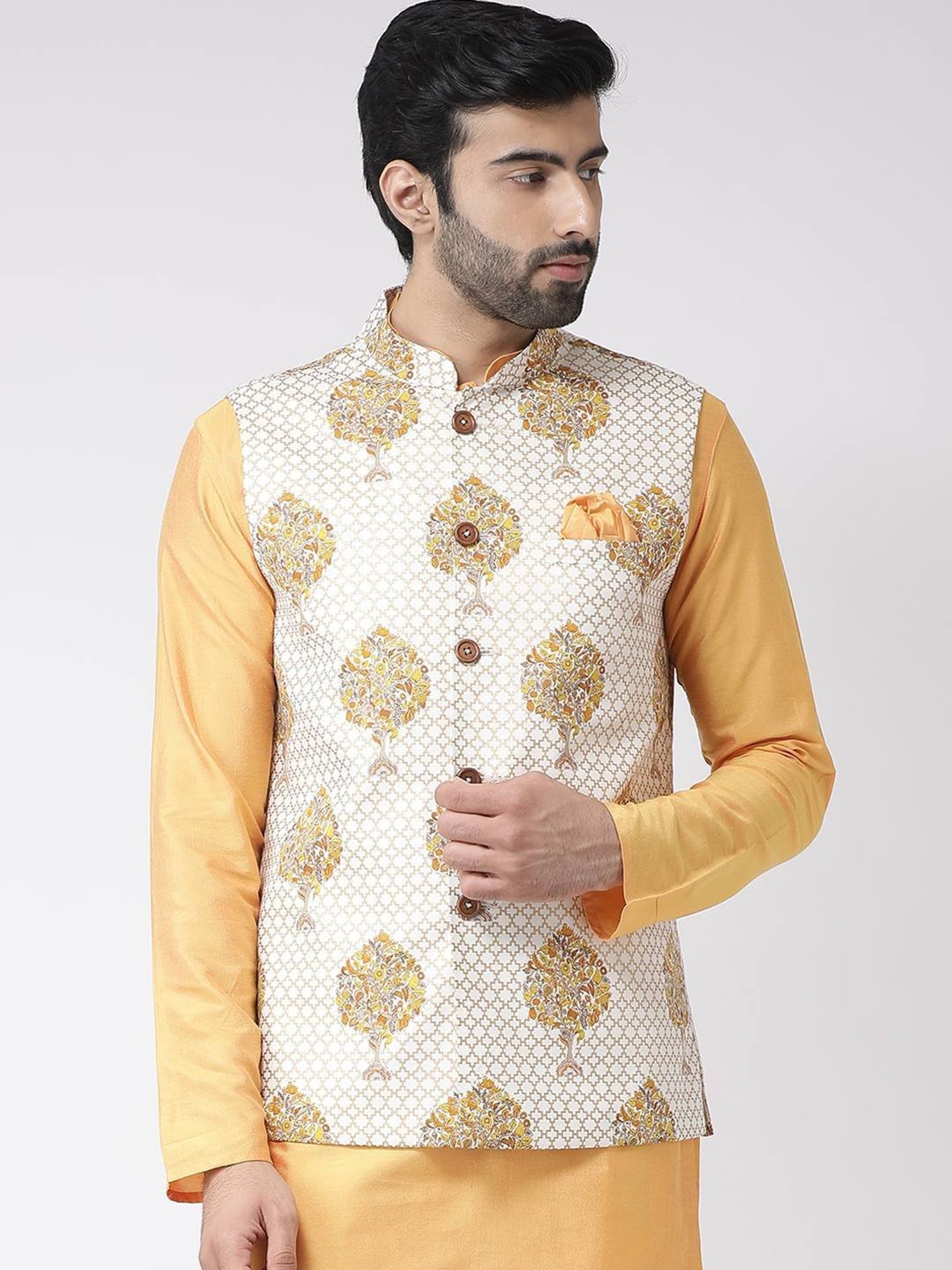 KISAH White Regular Fit Printed Nehru Jacket