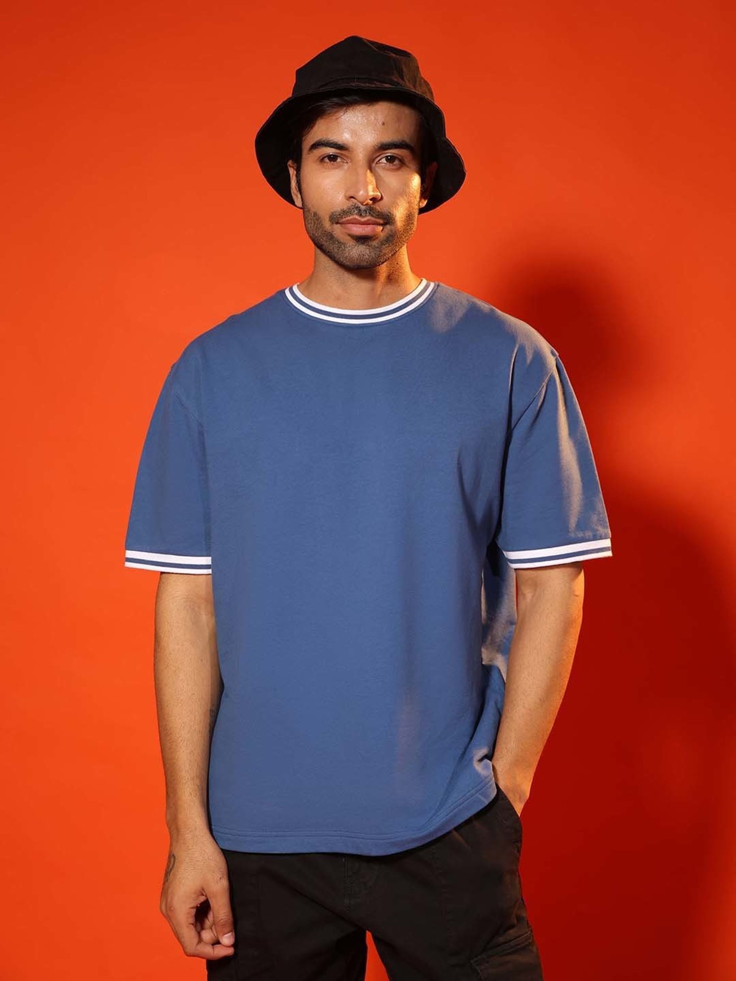 SUBTRACT Dark Blue Regular Fit Cotton Oversized Crew T-Shirt
