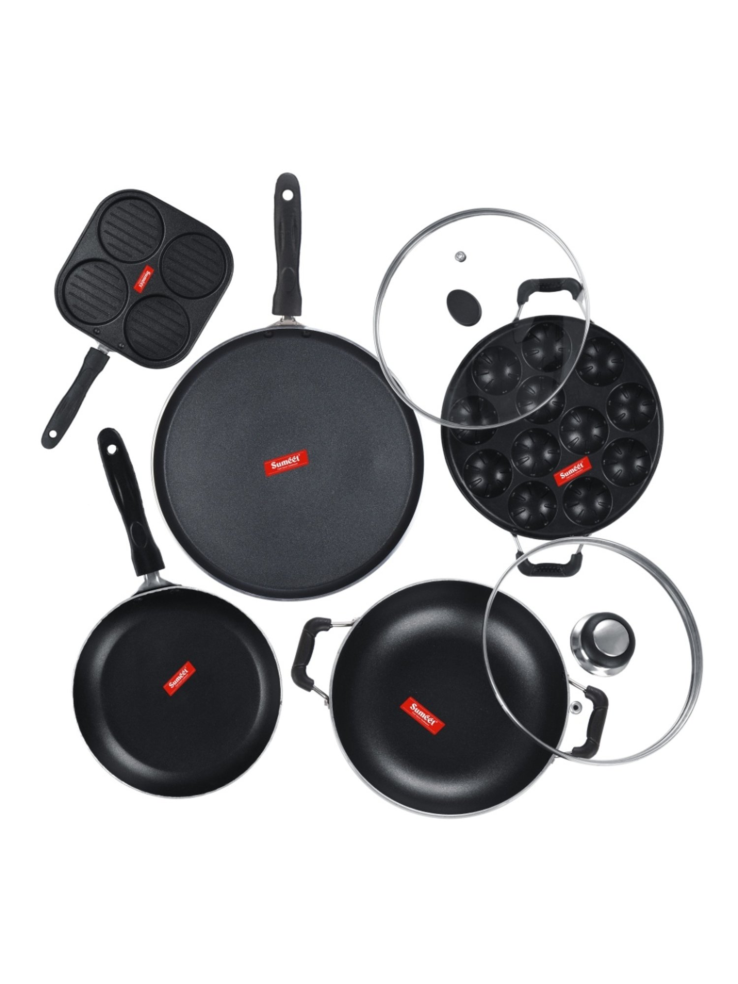 Sumeet NonStick Cookware Set-Dosa Tawa+Snack Maker+Kadhai &GlassLid+Appam Patra &GlassLid+Tapper pan