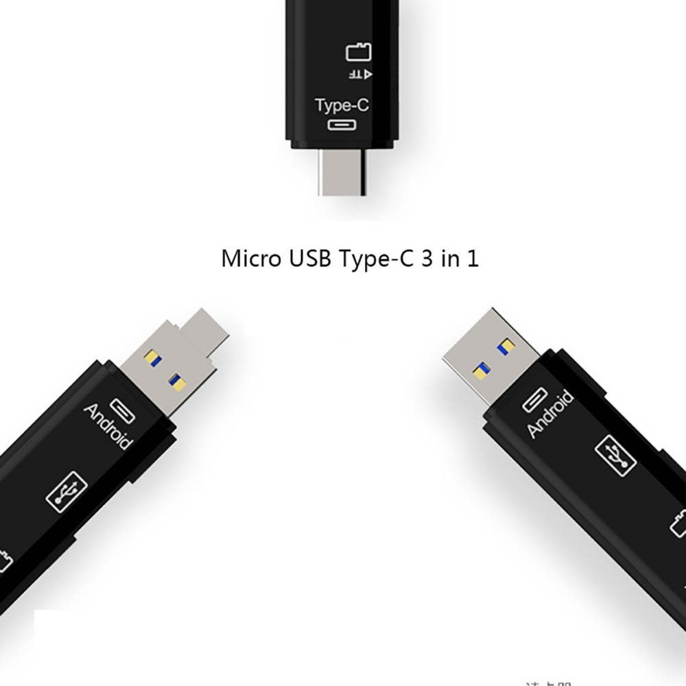 3 in 1 Type-C Card Reader Micro USB Type-C OTG Extension High Speed TF Memory Card Reader for PC Computer Phone Black