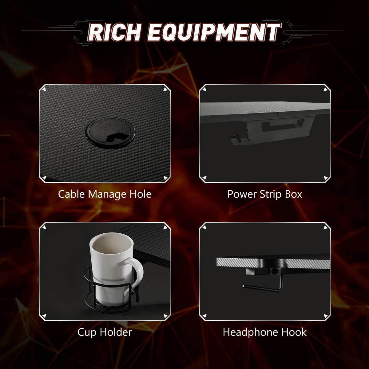 43 inch Gaming Computer Desk, Home Office PC Desk, Z-Shape Racing Style Game Station with Double Cable Manage Hole, Sturdy Ergonomic E-Sports Desk with Cup Holder and Headphone Hook, Black