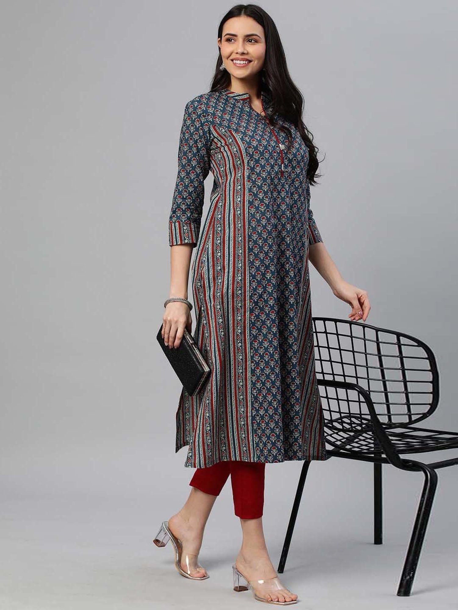 Kami Kubi Blue Cotton Printed A Line Kurta