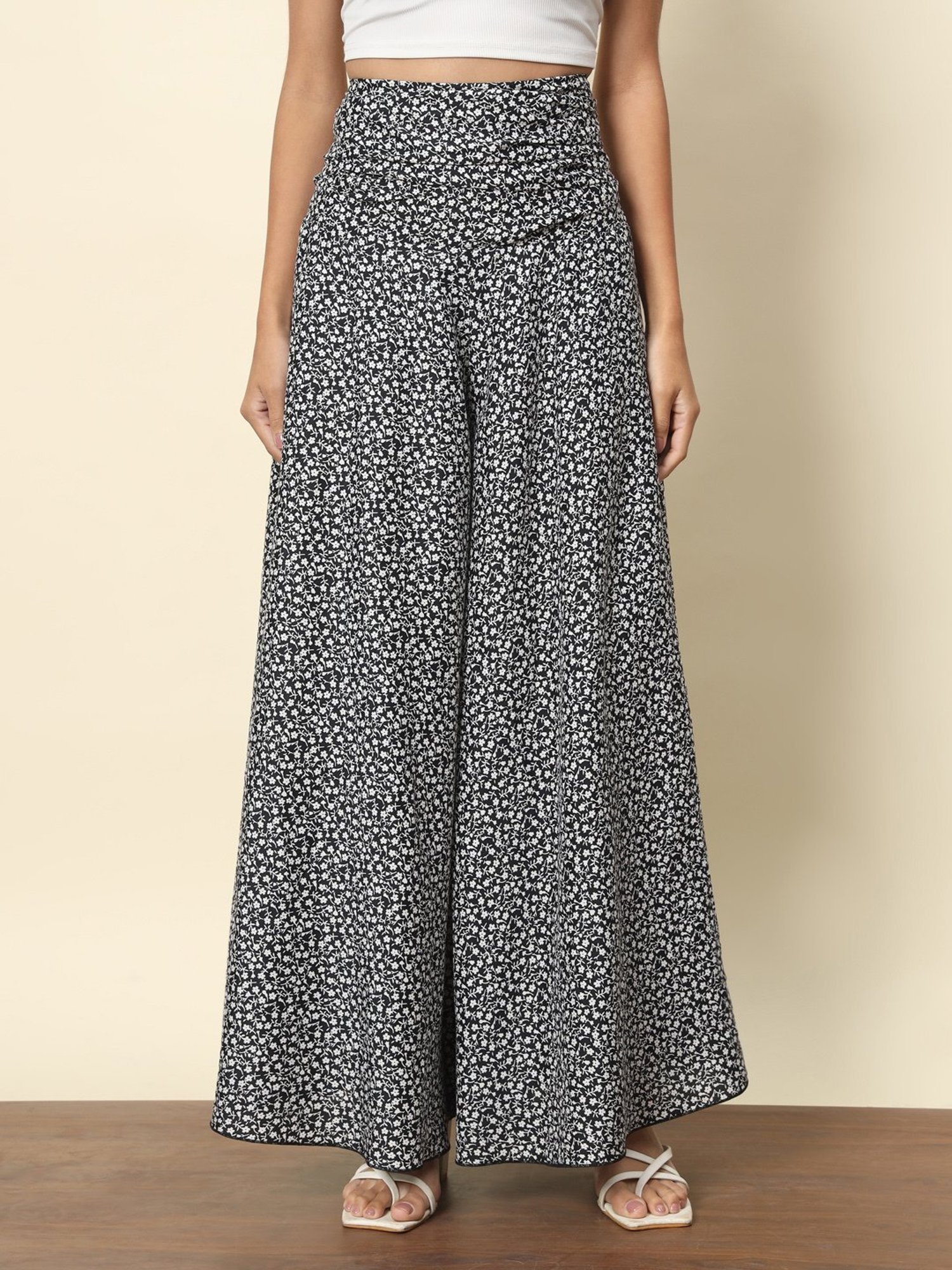Trend Arrest Black & White Floral Print High Rise Palazzos