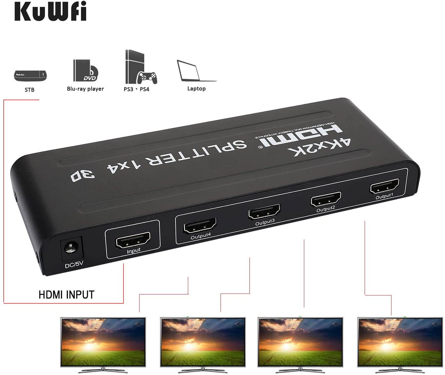 4K 3D HDMI Splitter 1 in 4 Out HDMI Switch Splitter with Metal Box and 24K Gold-Plated Connectors Support 4K 30Hz Ultra HD 3D 1080P Compatible with PS4 DLP Xbox DVD Player Blu-ray HDTV