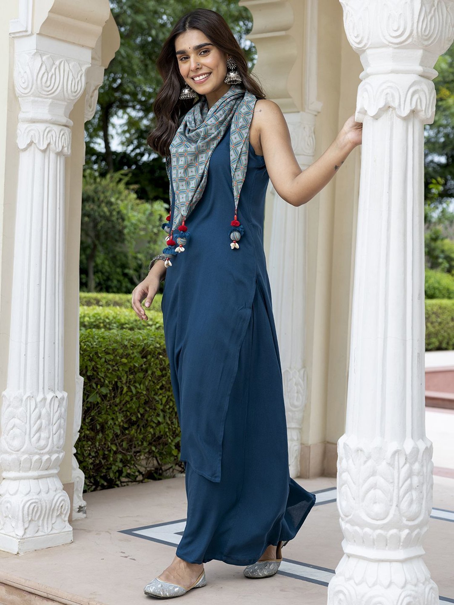 Janasya Blue Kurta Palazzo Set With Scarf
